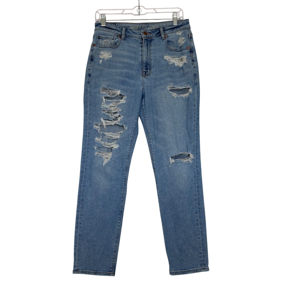 American Eagle Mom Jean High Waisted Distressed Stretch Blue Denim Size 6 Reg